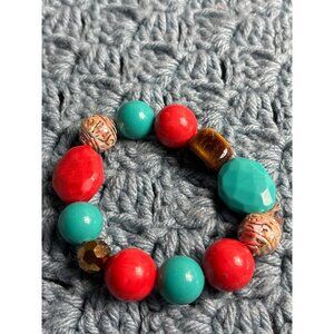 Artisan Beaded Stretchy Bracelet Plastic Glass Tiger's Eye Chunky 6.75 inches